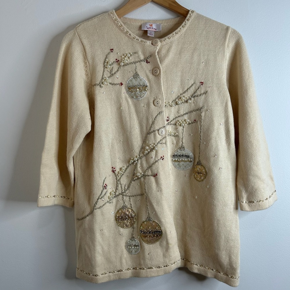 VTG Quacker Factory Cardigan Sweater M Cream Embroidered Christmas Tree Ornament